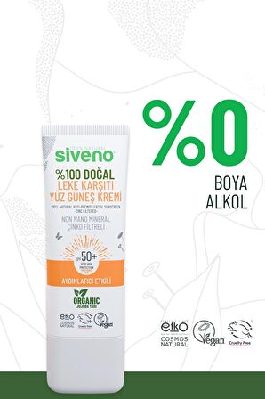 Siveno %100 Doğal Yüz Güneş Kremi Leke Karşıtı Aydınlatıcı Çinko Mineral Filtre UVA UVB SPF 50+ 30 ml